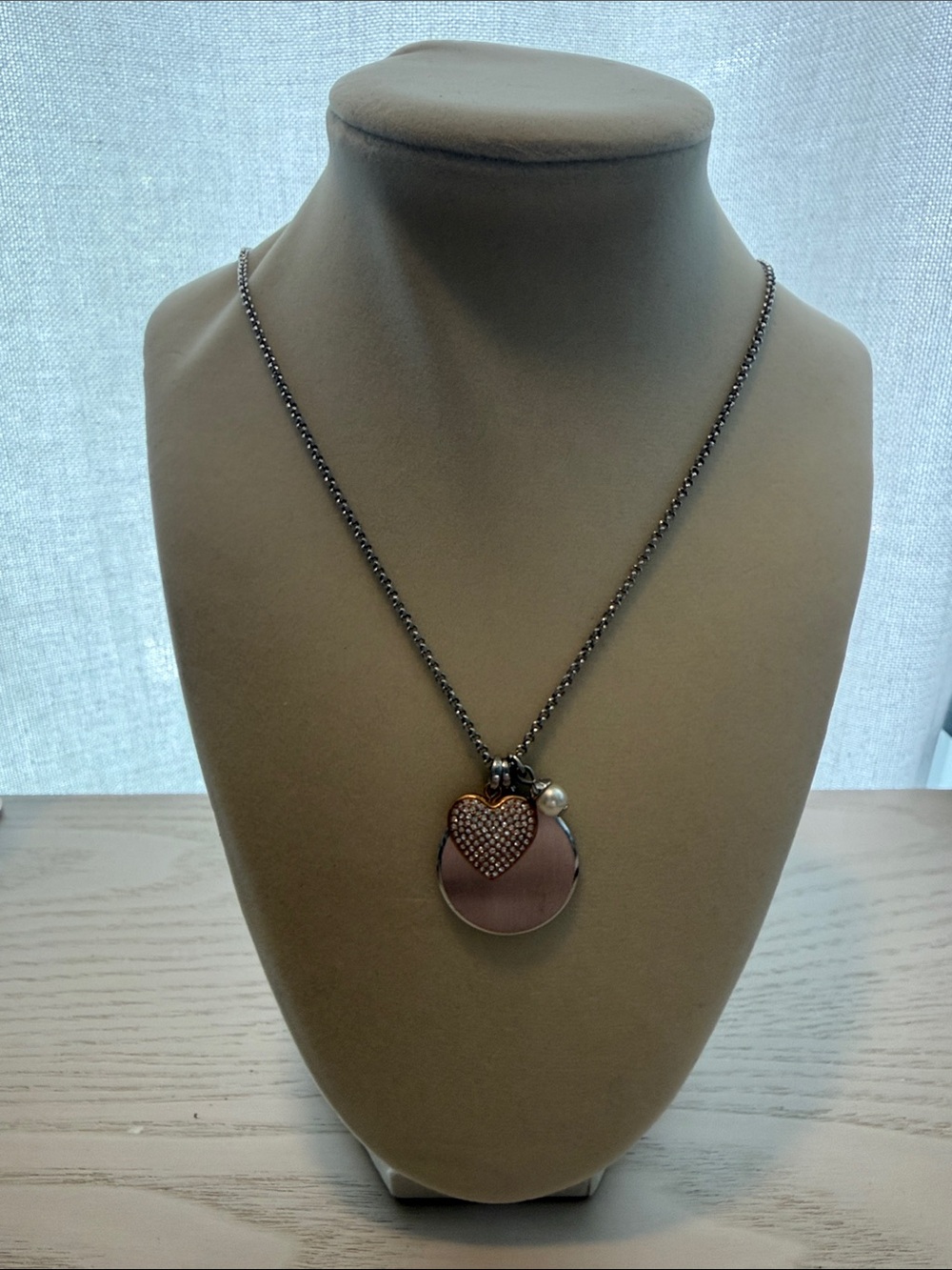 Fossil Rose Gold Heart and Disc Pendant Necklace with Pearl Accent